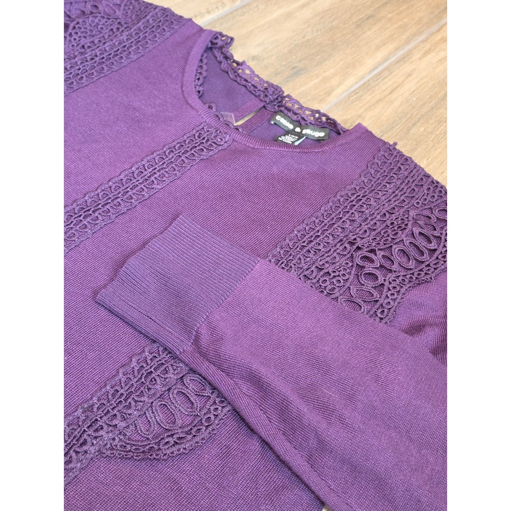Cable & Gauge Purple Crochet Lace Trim Long Sleeve Sweater Large NWOT